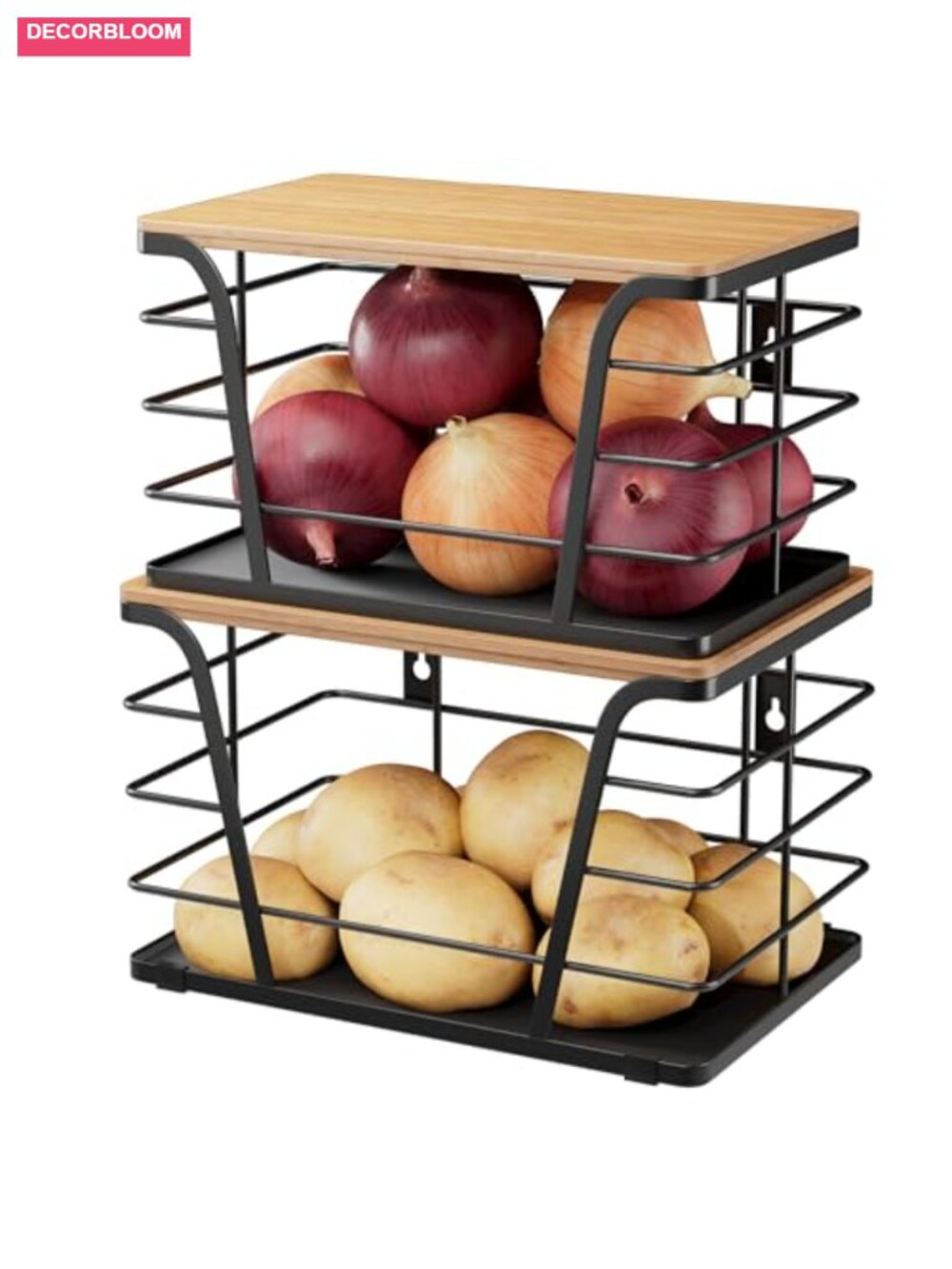 2 Pack Stackable Potato Onion Storage Bins Bamboo Top Kitchen Pantry Organizer